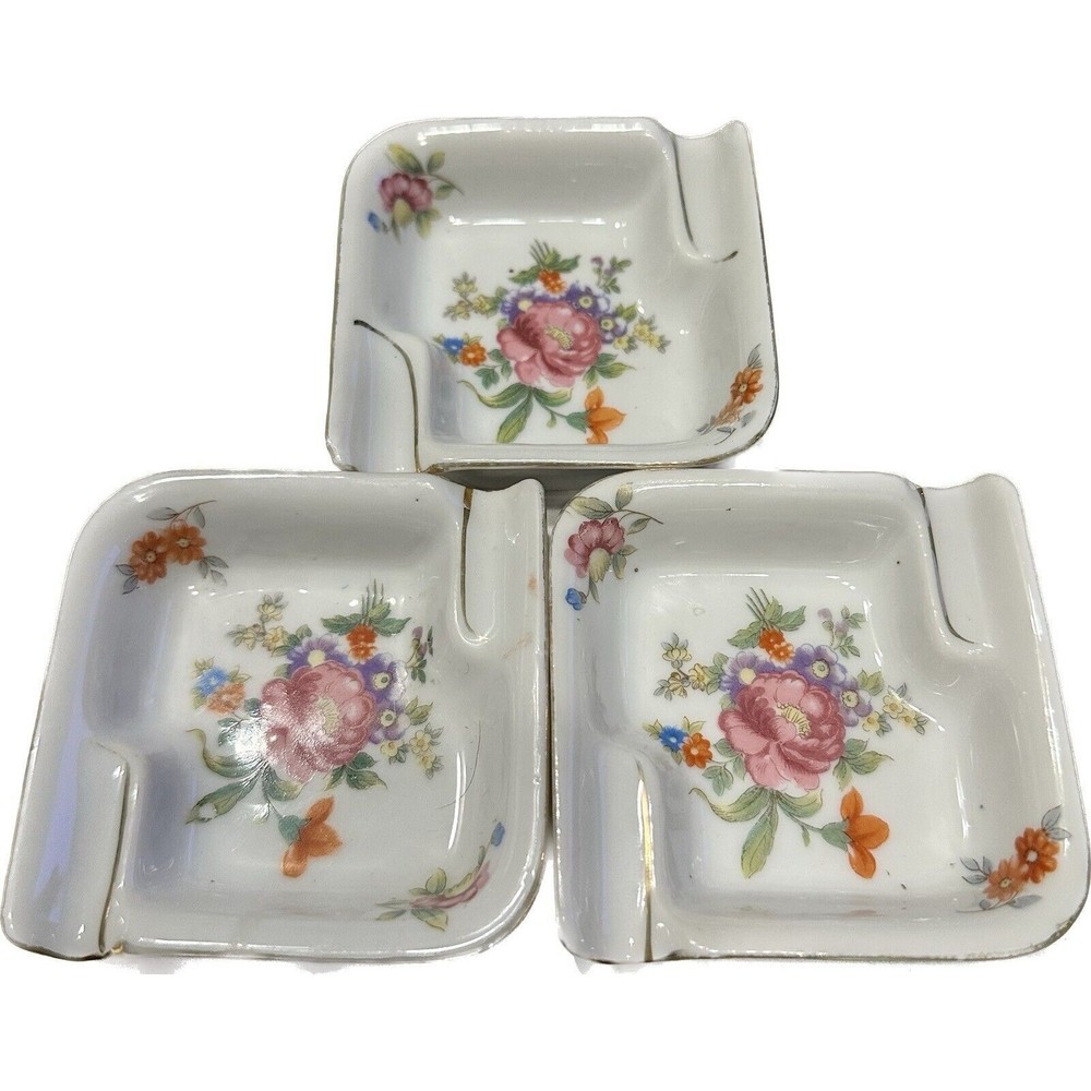 3 Porcelain Pipe Rest Ashtrays (Trinket Dish), Floral, Old Castle Japan, MCM VTG